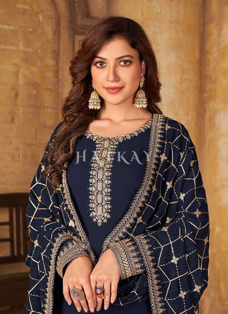 Buy Salwar Suit Blue Traditional Embroidered Pant Style Salwar Suit