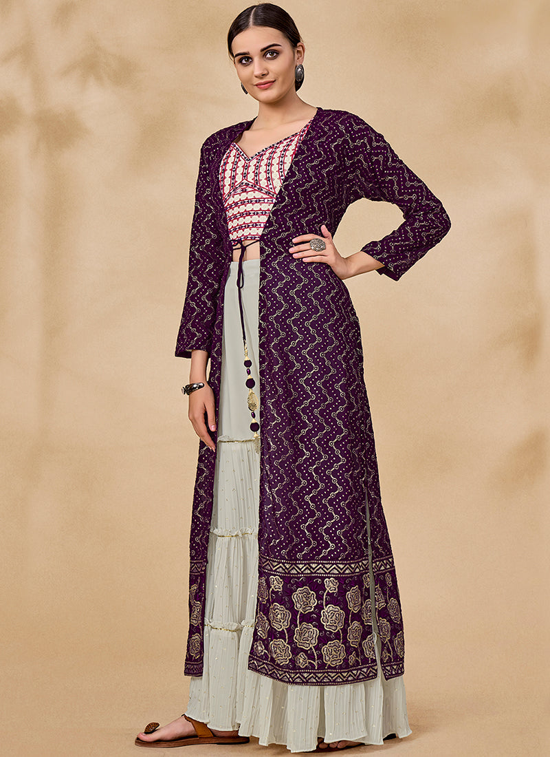 Shop Latest Indian Clothes - Purple And White Embroidered Jacket Style Palazzo Suit At Hatkay Shop Latest Indian Clothes - Purple And White Embroidered Jacket Style Palazzo Suit At Hatkay