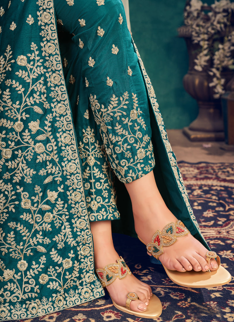 Turquoise Slit Style Anarkali Pant Suit In UK