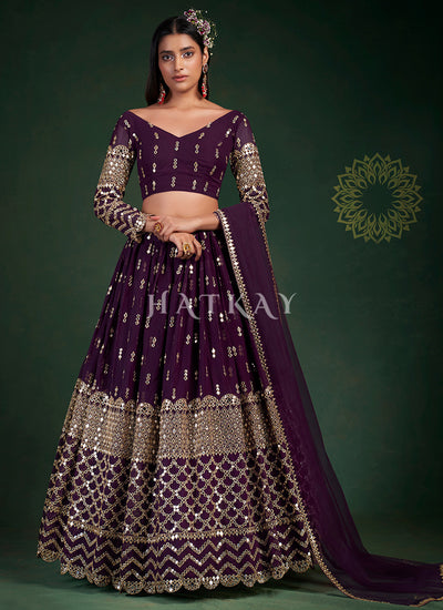 Purple Mirror Work Embroidery Traditional Lehenga Choli