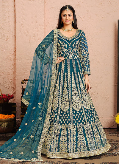Royal Blue Golden Zari Embellished Designer Anarkali Suit