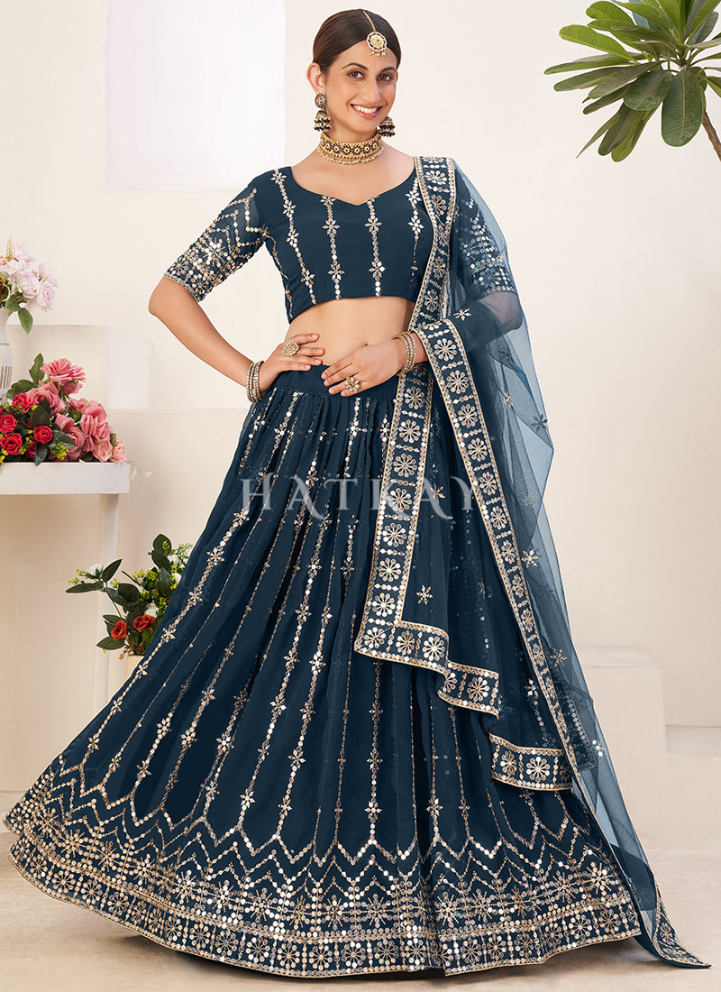 Turquoise Sequence Embroidery Georgette Lehenga Choli