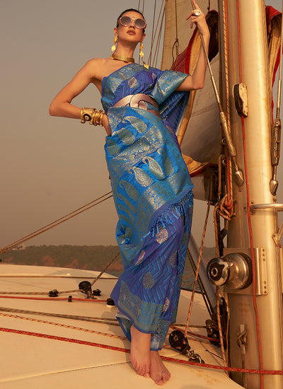 Dark Blue Two Tone Zari Weaved Satin Silk Saree