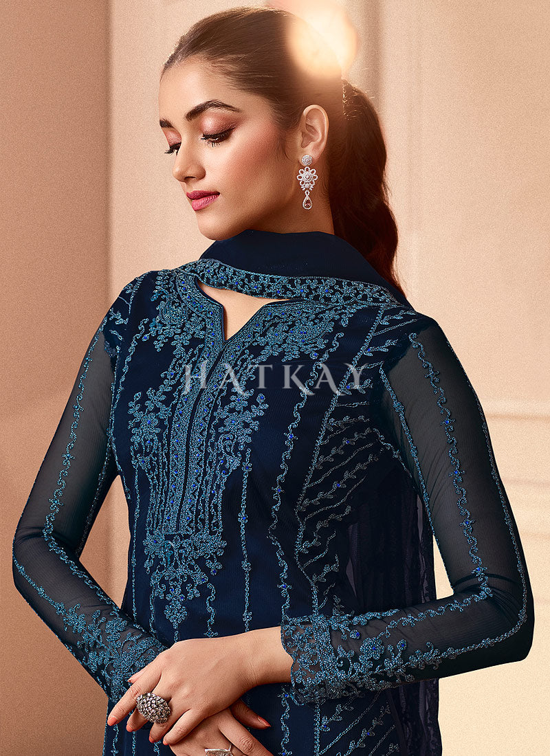 Buy Salwar Kameez Blue Embroidery Pakistani Pant Style Salwar Suit At