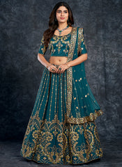 Turquoise Multi Embroidery Silk Wedding Lehenga Choli