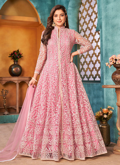 Pink Traditional Embroidered Anarkali Pant Suit