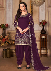 Purple Mirror Work Embroidered Patiala Salwar Suit