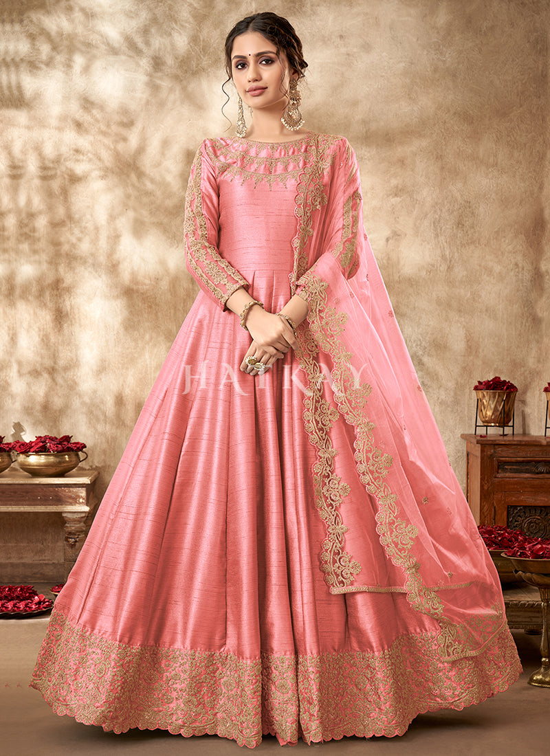 Peach Zari Embroidered Traditional Silk Anarkali