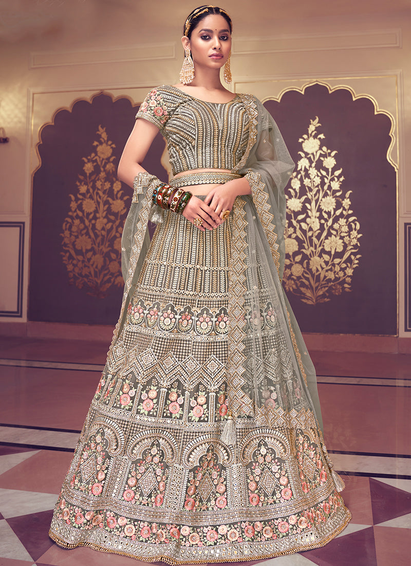 Dusty Grey Floral Embroidered Wedding Lehenga Choli