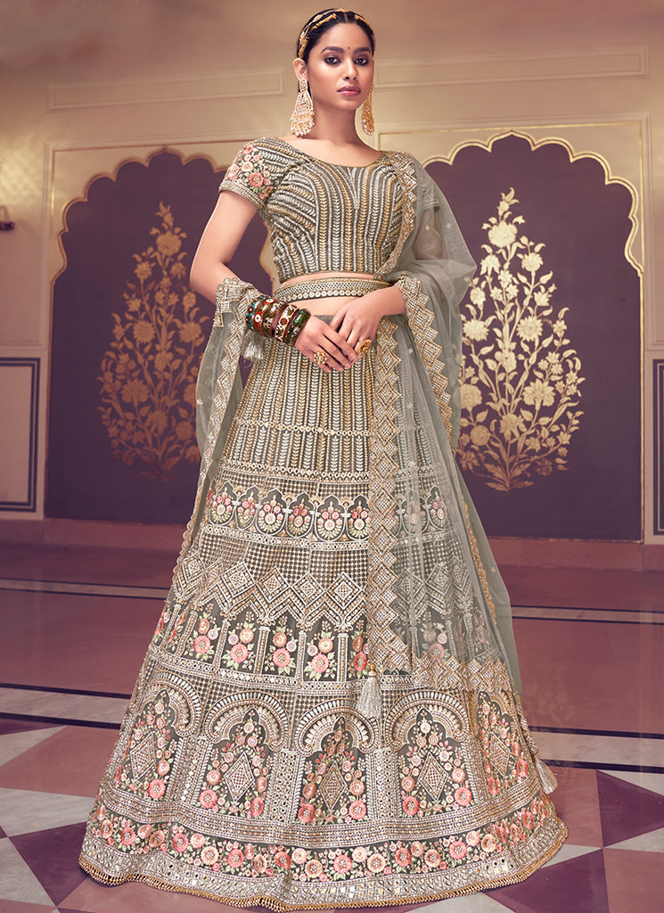 Dusty Grey Floral Embroidered Wedding Lehenga Choli