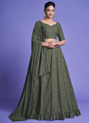 Olive Green Sequence Embroidery Wedding Lehenga Choli
