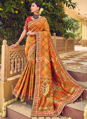 Buy Saree - Mustard Yellow And Red Multi Embroidery Traditional Wedding Saree