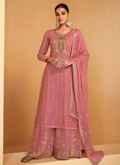 Rich Pink Multi Embroidery Festive Palazzo Suit