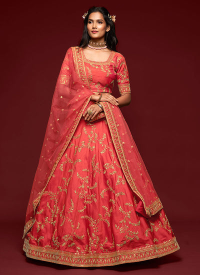 Red Zari Embroidered Silk Lehenga Choli In UK