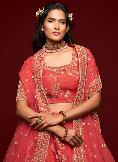 Red Embroidered Silk Lehenga Choli In UK