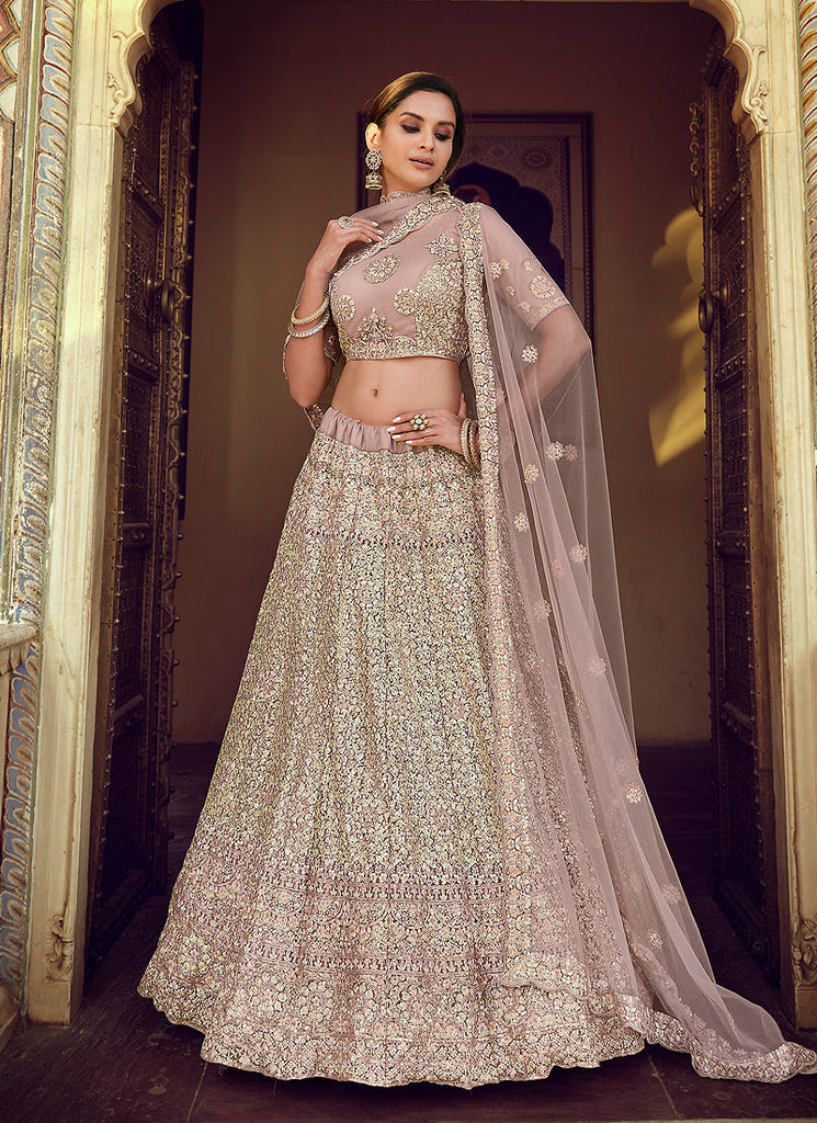 Mauve Golden Zari Embellished Lehenga Choli