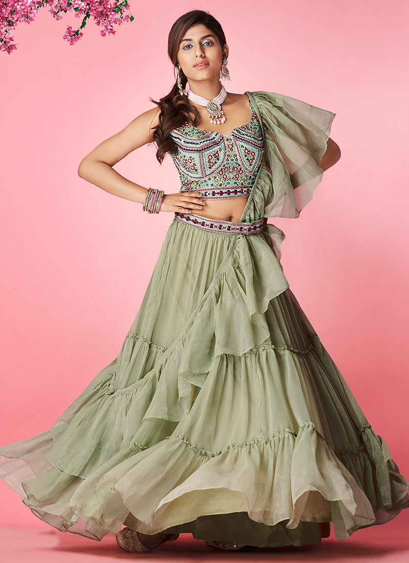 Pale Green Multi Embroidered Wedding Lehenga Choli