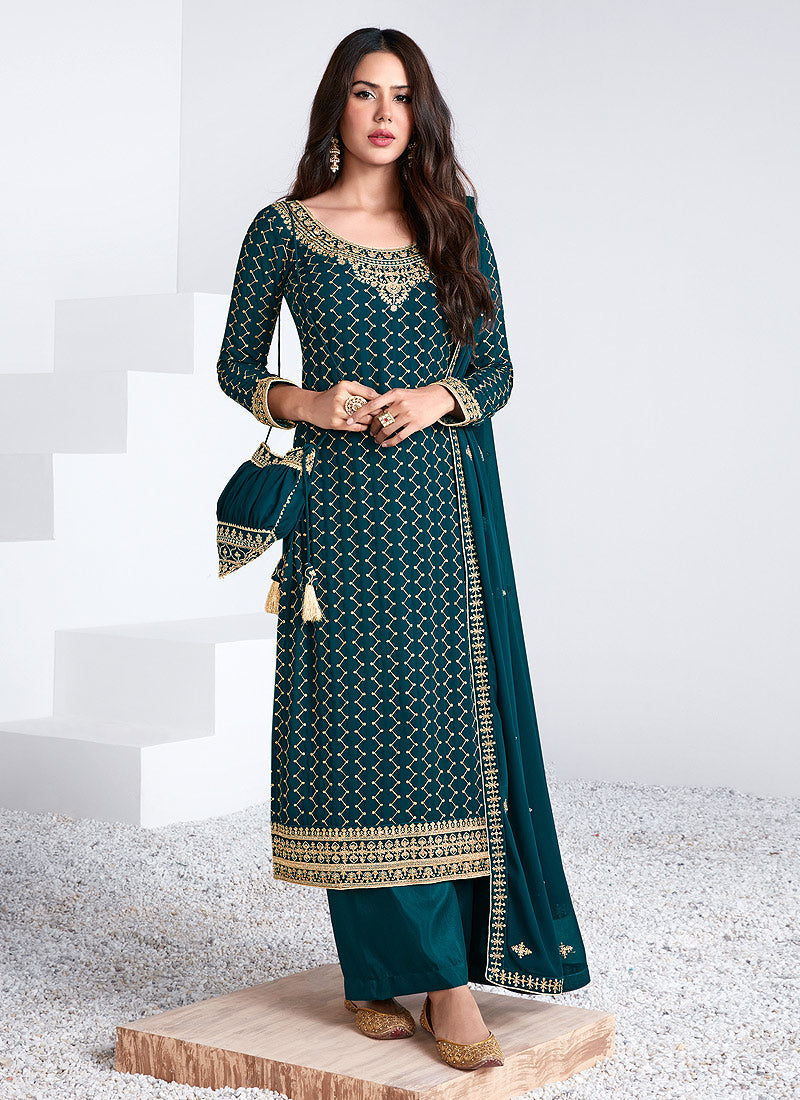 Turquoise Traditional Embroidered Salwar Kameez