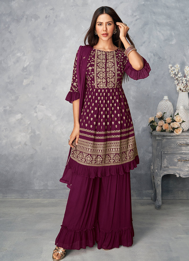 Wine Golden Embroidered Designer Palazzo Suit