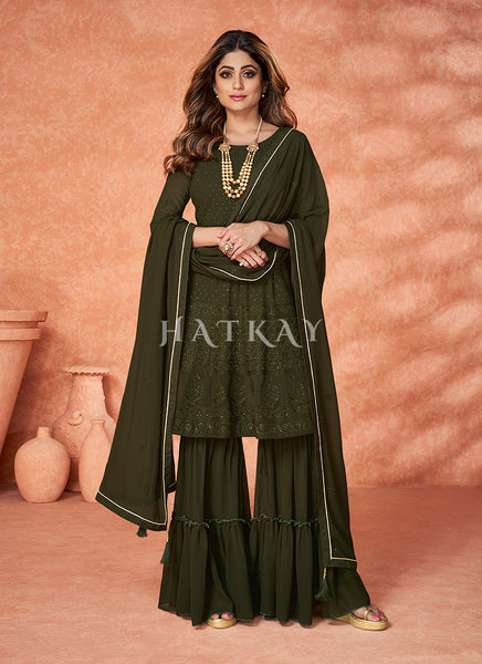 Olive Green Embroidered Bollywood Sharara Suit