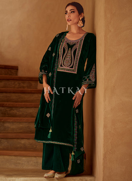 Dark Green Embroidered Velvet Pant Suit
