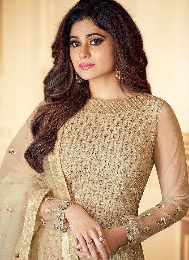 Indian Dresses - Beige Golden Traditional Anarkali Suit