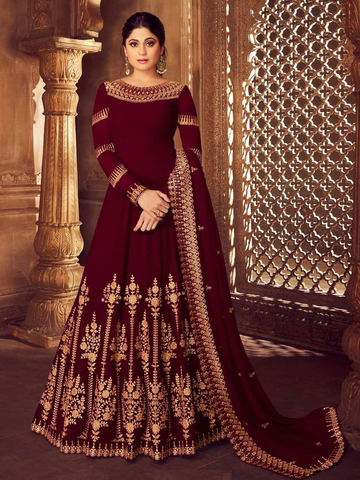 Maroon Golden Party Wear Anarkali Suit