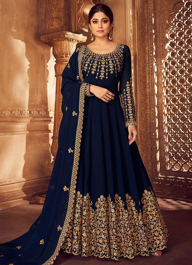 Dark Blue Golden Party Wear Anarkali Suit