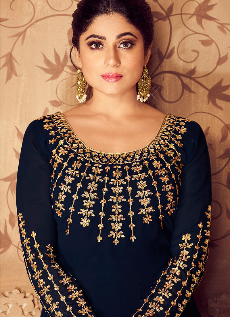 Dark Blue Golden Party Wear Anarkali Suit