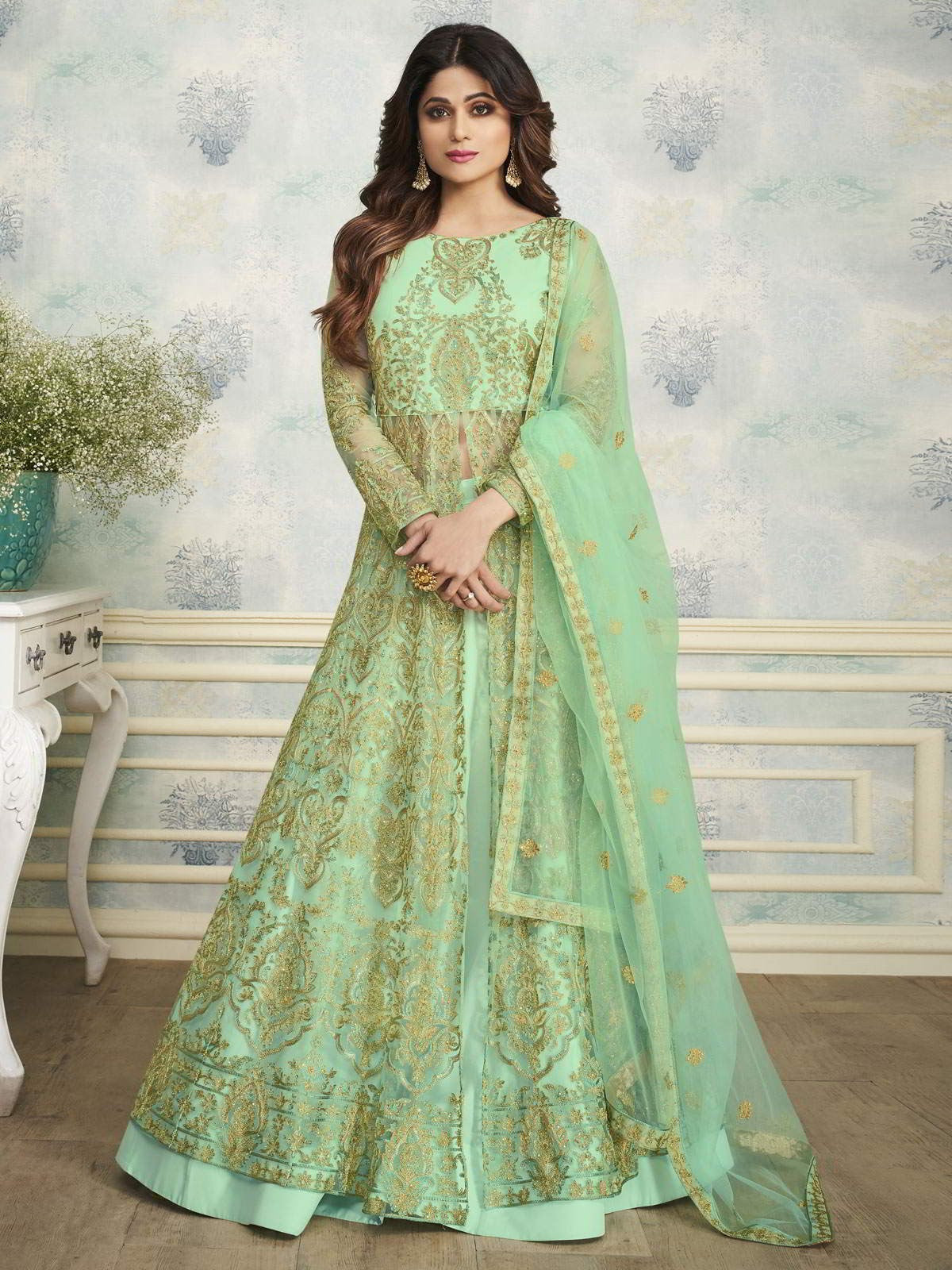 Pista Green Indo Western Wedding Lehenga