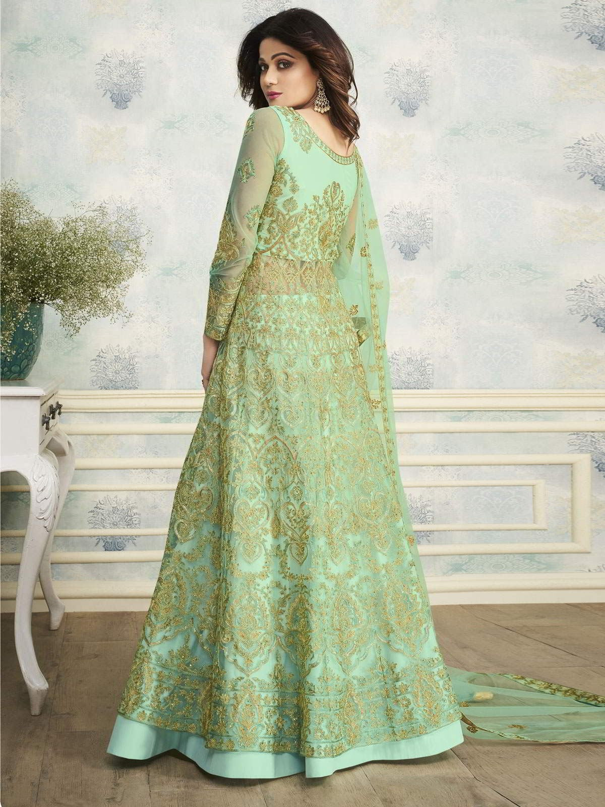 Pista Green Indo Western Wedding Lehenga