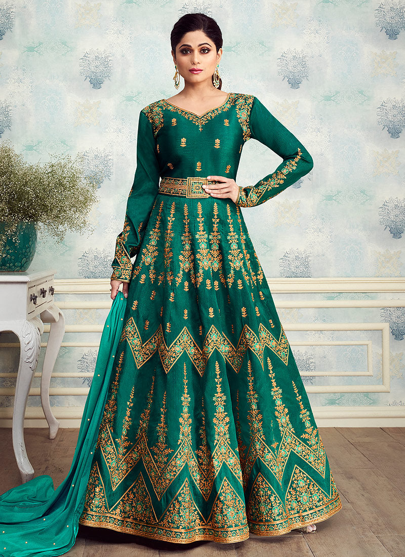 Deep Green Golden Embroidered Silk Anarkali Suit