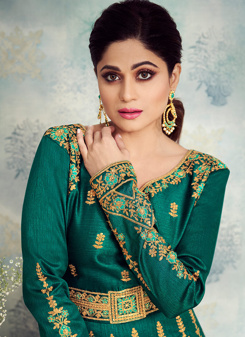 Deep Green Golden Embroidered Silk Anarkali Suit