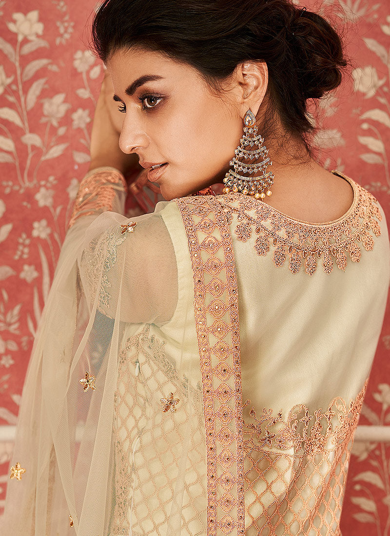 Off White And Peach Embroidered Anarkali Suit