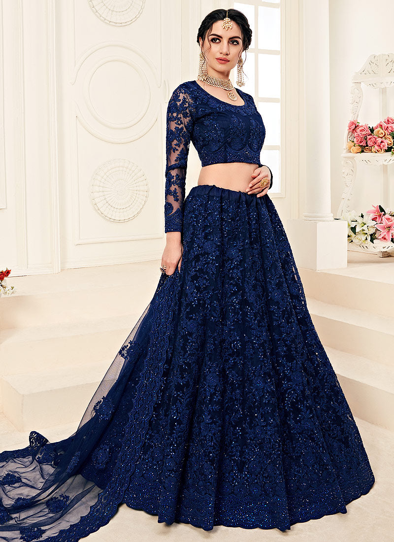 Navy Blue Pearl Embroidered Wedding Lehenga Choli