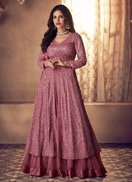 Pink Slit Sequence Embroidered Wedding Anarkali Lehenga