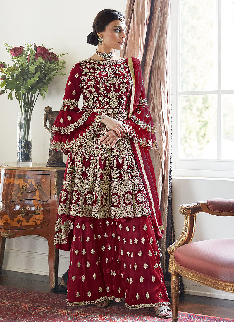 Red Beige Designer Gharara Suit