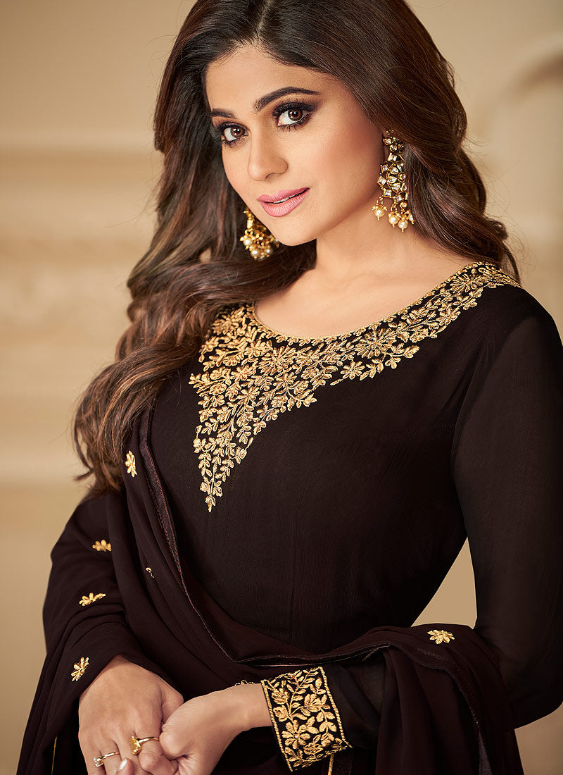 Indian Clothes - Deep Brown Anarkali Lehenga