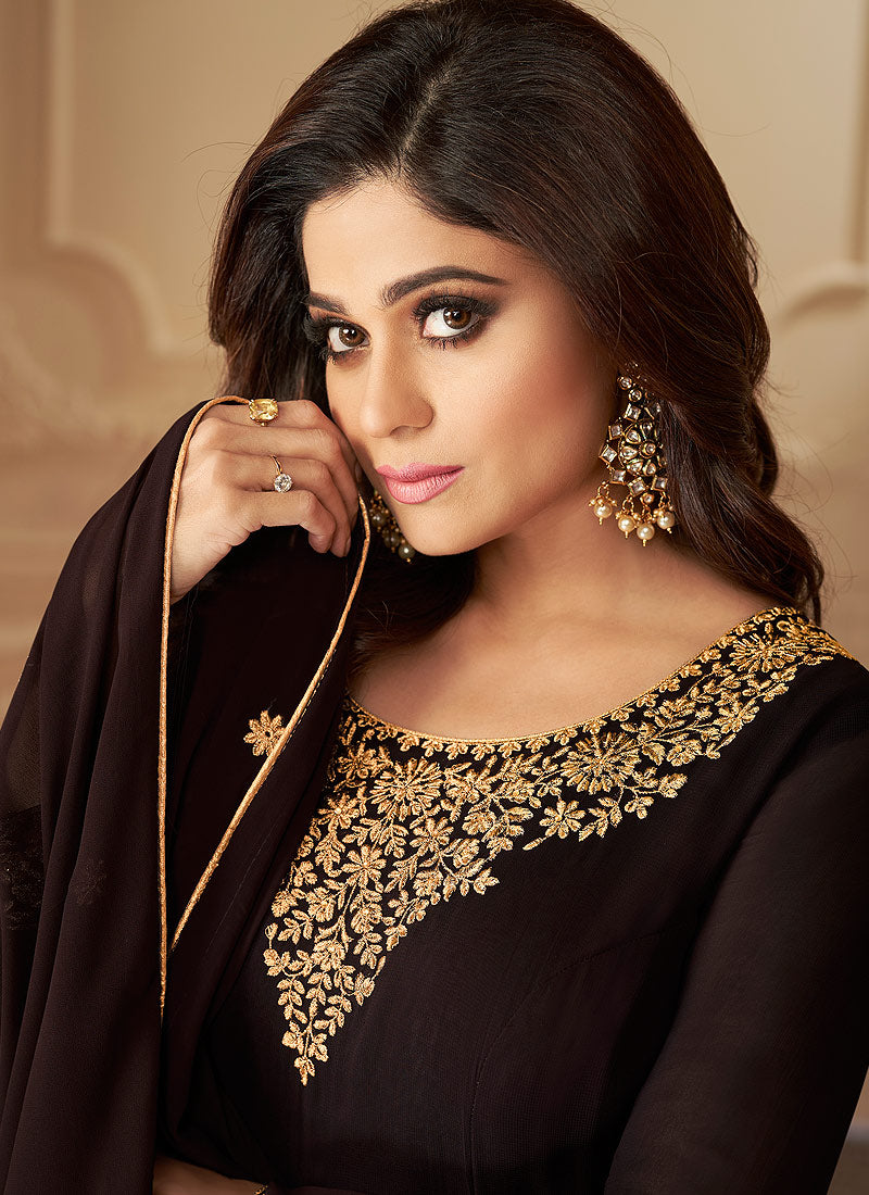 Indian Dresses - Deep Brown Anarkali Lehenga