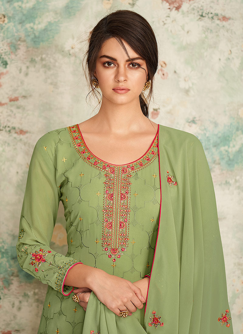 Indian Clothes - Light Green Multi Embroidered Palazzo Suit
