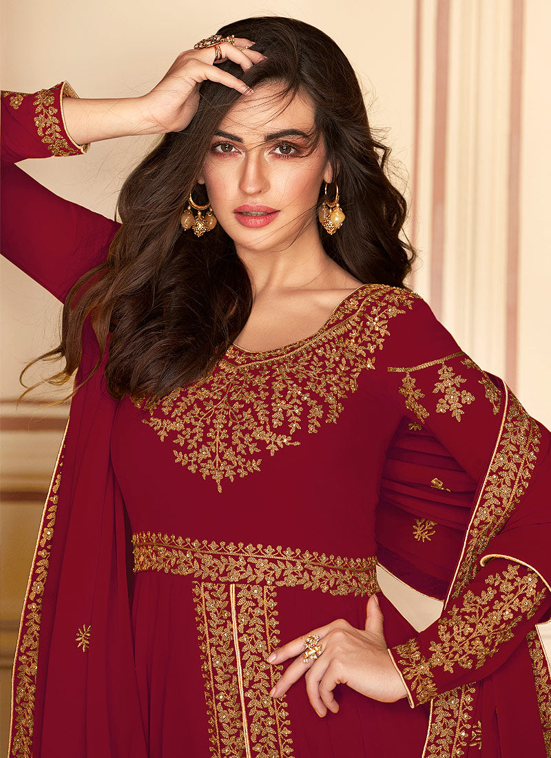 Indian Clothes - Red Anarkali Pants Suit