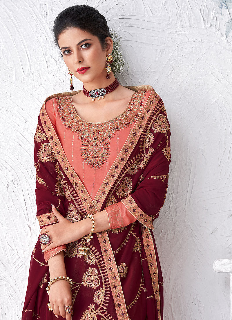 Peach And Maroon Palazzo Suit
