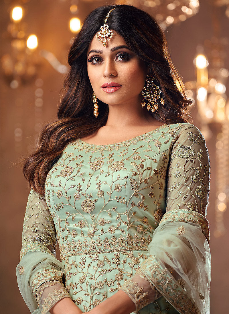 Mint Green Golden Anarkali Suit In usa