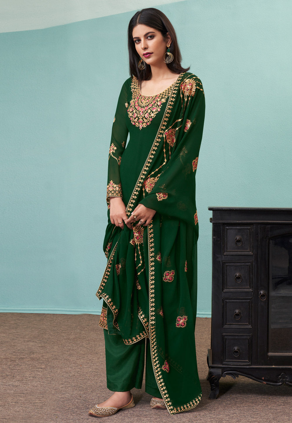 Green Embroidered Pakistani Pant Suit