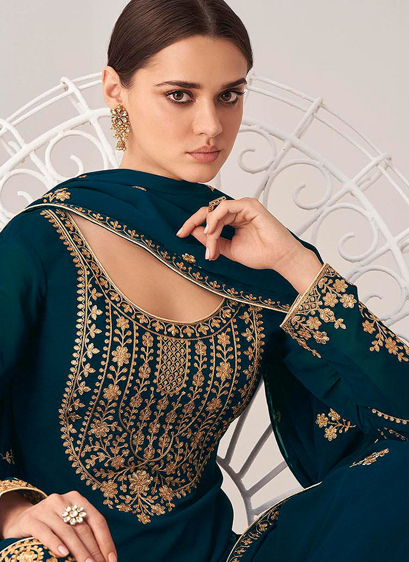 Turquoise Golden Salwar Kameez In usa uk canada