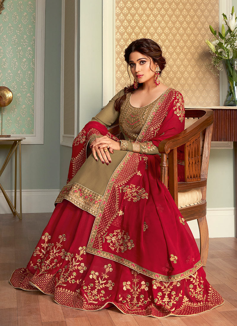 Olive Green And Red Lehenga Style Suit In usa uk canada