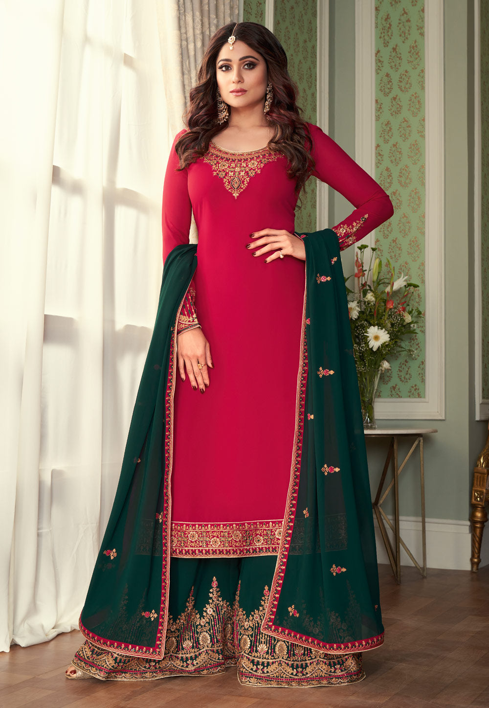 Pink And Green Embroidered Ethnic Palazzo Suit