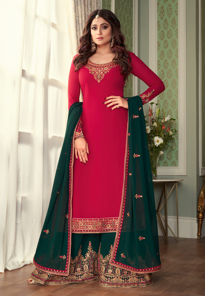 Pink And Green Embroidered Ethnic Palazzo Suit