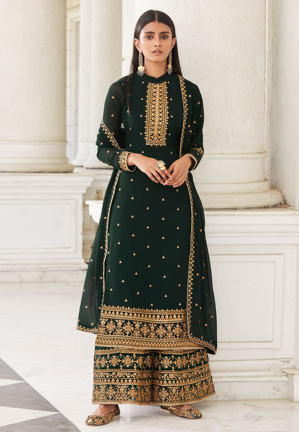 Green Embroidered Designer Palazzo Suit