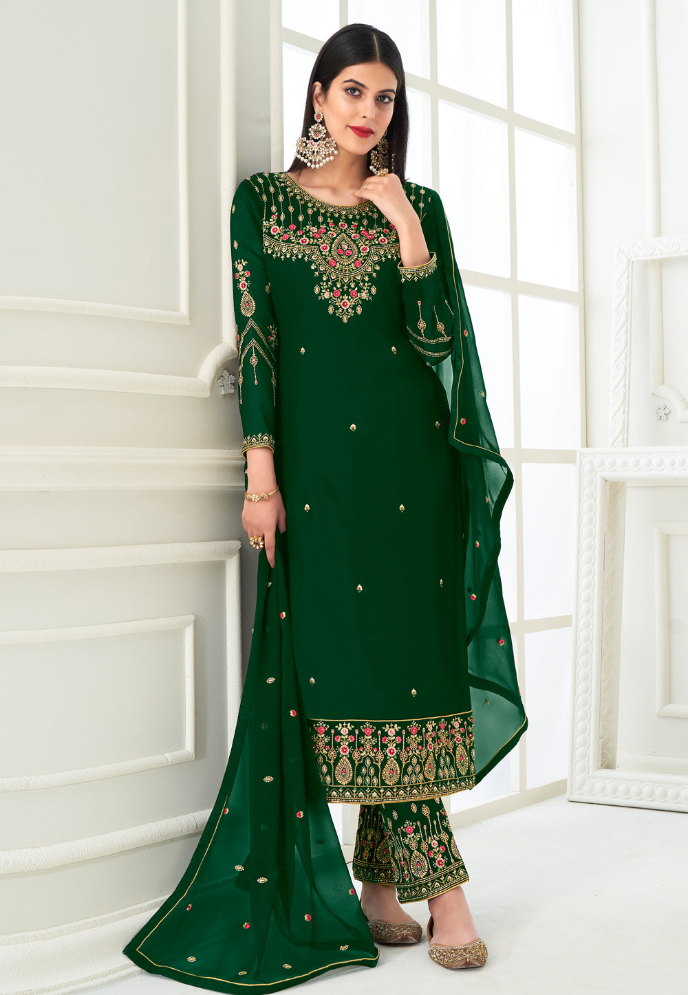 Green Embroidered Pant Style Suit